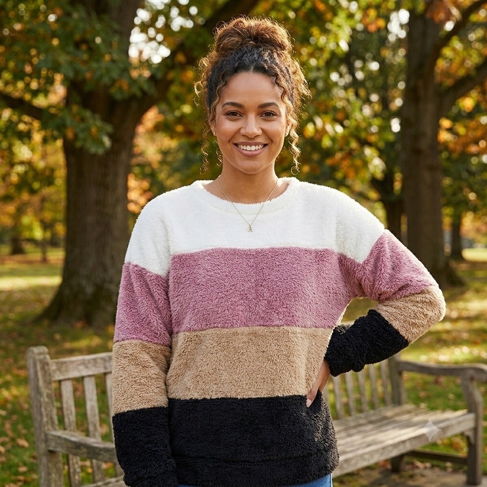 Vine & Love Womens Colorblock Sherpa Pullover Sweater White Tan Brown Pink M